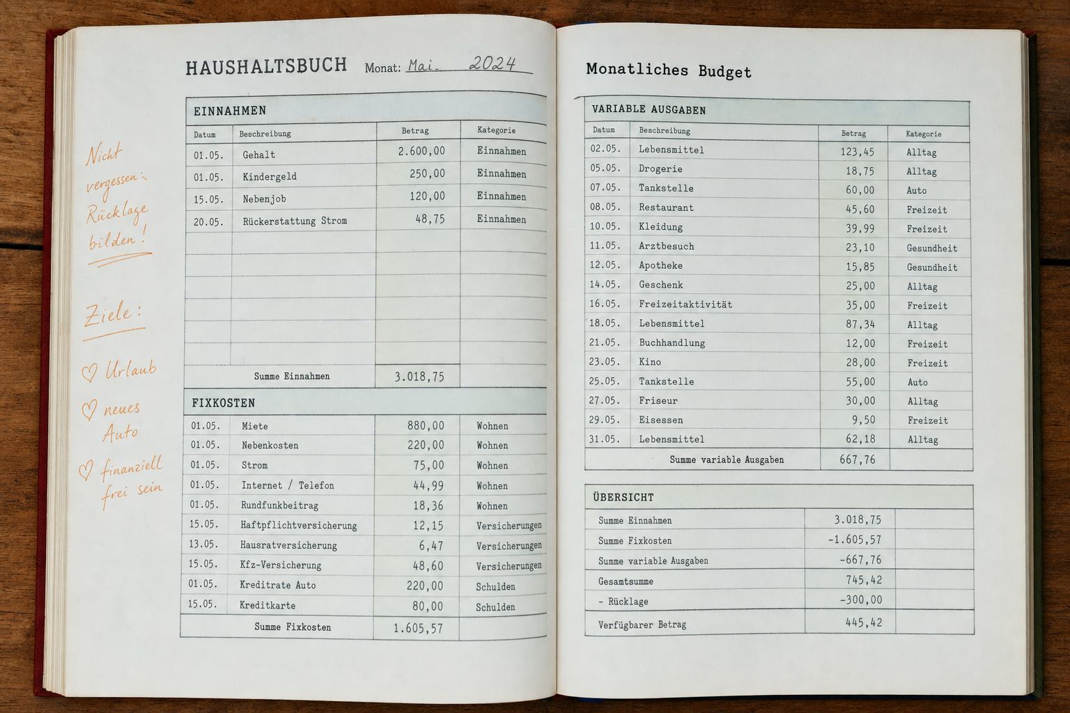 Monatsseite eines Haushaltsbuchs mit Euro-Beträgen und Notiz am Rand