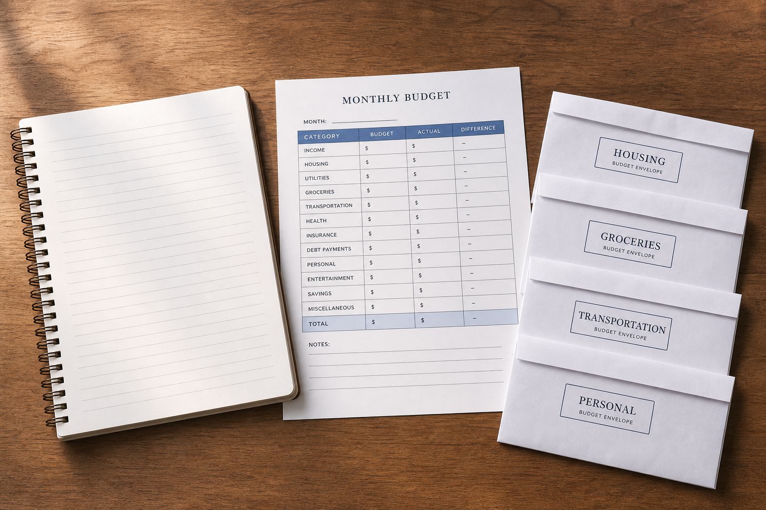 Notizbuch, gedruckte Tabelle und beschriftete Umschläge auf dem Schreibtisch