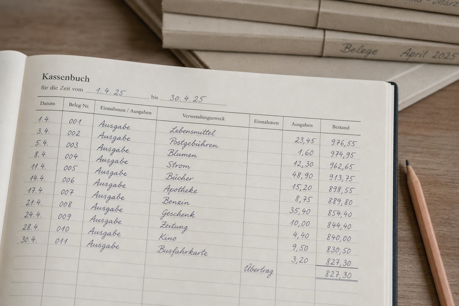 Handschriftliche Ausgabenzeilen in einem deutschen Kassenbuch